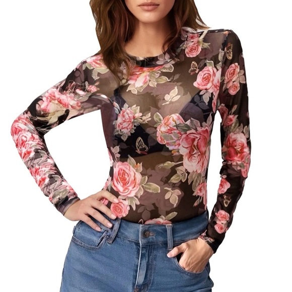 Tops - Floral Mesh Long Sleeve Top